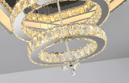 Flashing God 32in Crystal Ring Chandeliers for Living Room Flush Mount Ceiling Light for Bedroom Dining Room Hallway Dimmable LED 3 Rings Pendant Lighting