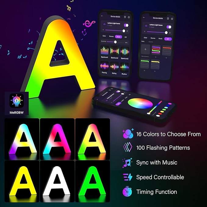 Light Up Letters Marquee Letter - LED Lights Room Decor - Music Sync RGB Color Changing Logo Game Lights for Girls Women Party Birthday Christmas Valentine's Day Wall Desktop Decoration (MRGB-A)