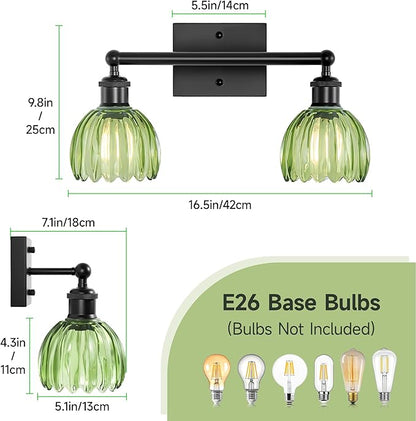 Bathroom Light Fixture,2-Light Vintage Bathroom Sconces Over Mirror, Black Fancy Vanity Lights, Flower Light Fixture with Green Tulip Glass Shade for Bedroom, Living Room, E26 Base