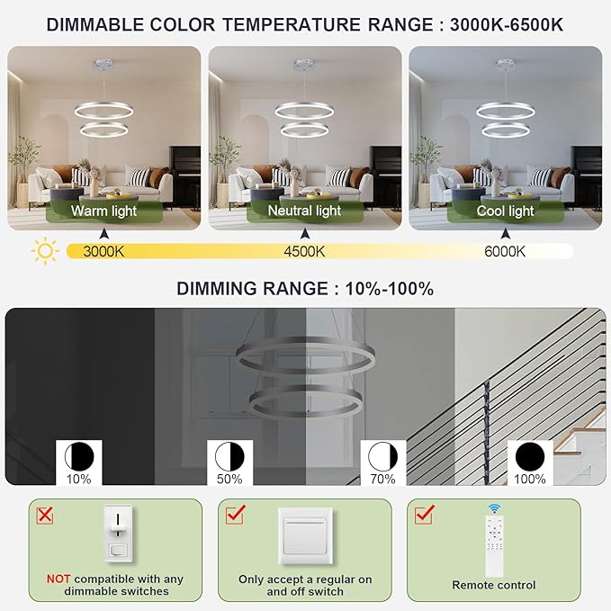 Benkut 2-Rings Modern LED Chandelier Silver for Dining Room, Circular Flush Mount Ceiling Chandelier Light Dimmable Pendant Light with Remote Control for Living Room Entrance Foyer, 3000K-6500K