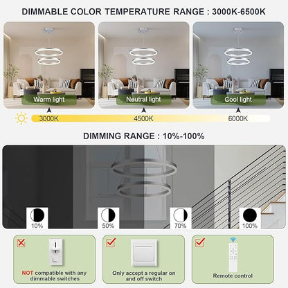 Benkut 2-Rings Modern LED Chandelier Silver for Dining Room, Circular Flush Mount Ceiling Chandelier Light Dimmable Pendant Light with Remote Control for Living Room Entrance Foyer, 3000K-6500K
