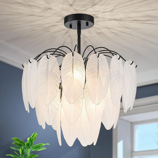 LumFurn 6-Light Glass Chandeliers, Modern 3-Tier Pendant Light Fixture for Dining Room, Living Room, D17.7 x H19~51 Inch Adjustable Height, Frosted Feather-Shaped Glass Shade & Black Finish Frame