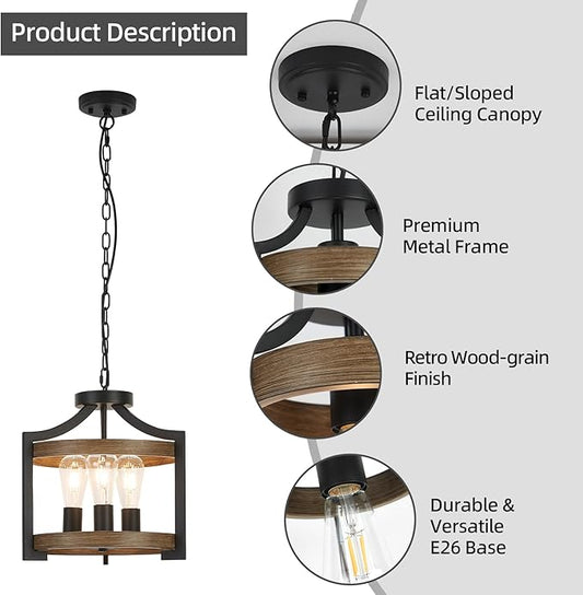 3-Light Farmhouse Chandelier, 14.17" Black Metal Faux Wood Pendant Light Fixtures, Hanging or Semi Flush Mount Rustic Chandelier for Dining Room, Foyer, Living Room, Kitchen