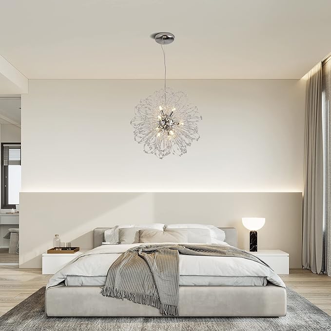 Modern Crystal Chandeliers, 9-Light Chandelier Firework Chrome Pendant Lights, Crystal Sputnik Hanging Ceiling Light Fixture for Dining Room, Bedroom, Living Room