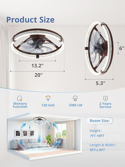 ZMISHIBO Low Profile Ceiling Fans with Lights, Flush Mount Modern Ceiling Fan and Remote Control, 20" LED Ceiling Fans, Stepless Dimmable 3 Colors and 6 Speeds (Brown, 20")