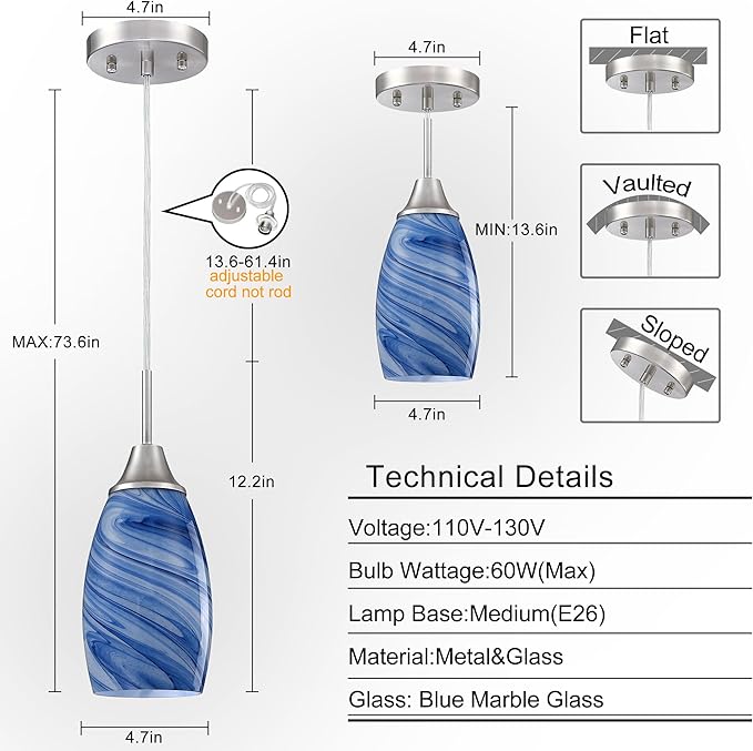 Viinew Mini Glass Pendant Light 1-Pack Dark Blue Marble Art Glass Pendant Lights Kitchen Island Brushed Nickel Finish Hanging Light for Kitchen Over Sink,Dining Room,Foyer,Hallway
