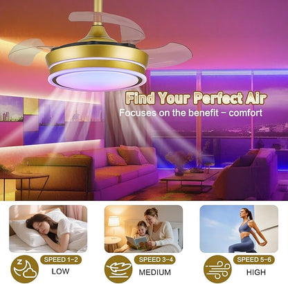 30" RGB Retractable Ceiling Fan Dimmable LED Chandelier Fan 6 Speed Small Fandelier with Remote APP Control for Living Dinning Room Bedroom Gold
