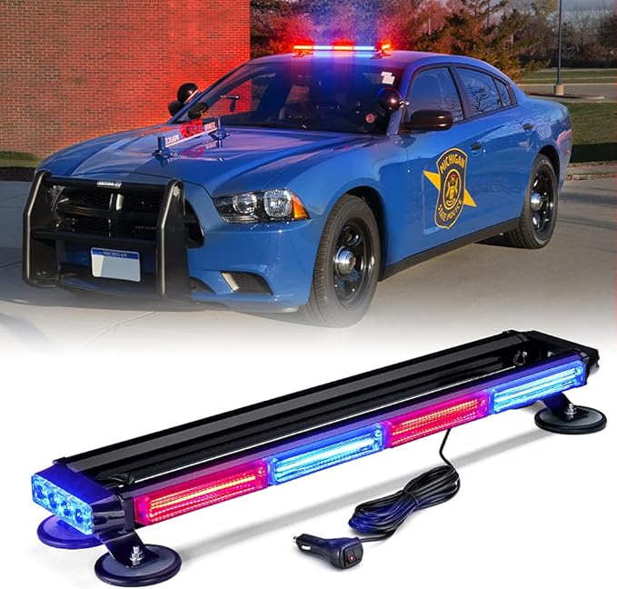 Xprite 26" COB LED Strobe Rooftop Flashing Light Bar, Double Side Hazard Warning Beacon Safety Police Lights w/Magnetic for Emergency Vehicles Cop Cars Trucks Traffic Security Red & Blue