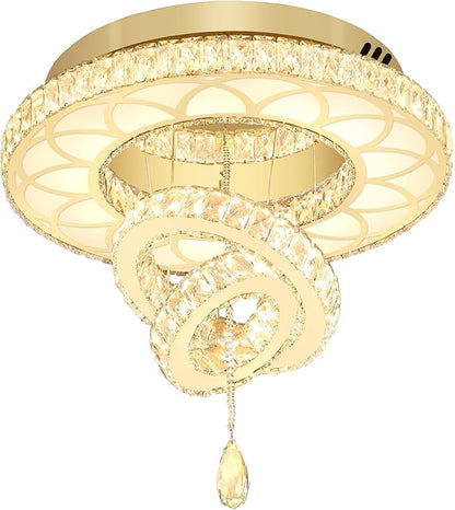 Flashing God 20" Modern Crystal Chandeliers for Living Room Gold Ceiling Chandelier LED Crystal Ceiling Light Flush Mount Chandelier for Bedroom Dining Room Entryway