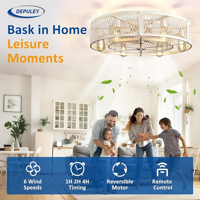 Depuley Flush Mount Ceiling Fan: 26" Caged Ceiling Fans with Lights and Remote Control for Kitchen Bedroom Farmhouse - Rustic Low Profile Ceiling Fandelier Lights Reversible 6 Speed Timer Cement
