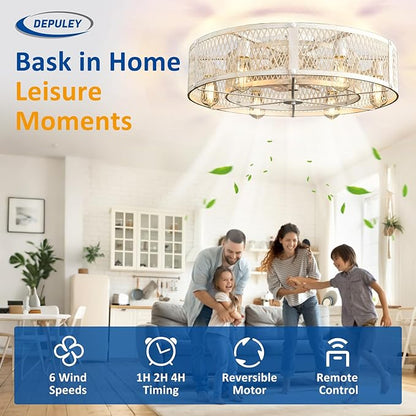Depuley Flush Mount Ceiling Fan: 26" Caged Ceiling Fans with Lights and Remote Control for Kitchen Bedroom Farmhouse - Rustic Low Profile Ceiling Fandelier Lights Reversible 6 Speed Timer Cement