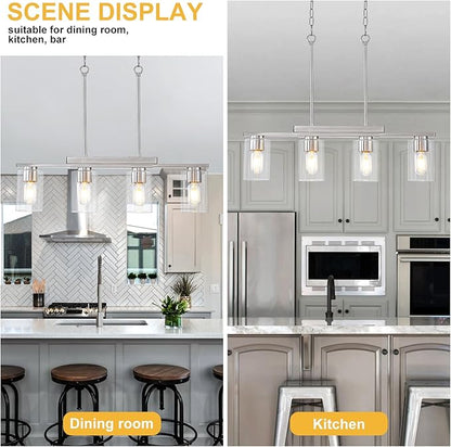 WILON Kitchen Island Lighting, 4 Lights Nickel Sand Linear Chandeliers Modern Farmhouse Chandelier with Glass Shades for Kitchen Island Living Dining Room Foyer Bedroom(Brushed Nickel,4 Lights)
