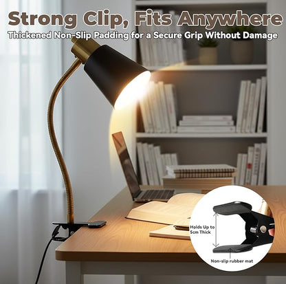 Desk lamp Eye-Caring Table Lamps, 360°Rotation Gooseneck Clip on Lamp Reading Light, Portable Reading Book Light, Clamp Light, Study Desk Lamps for Bedroom and Office Home Lighting (Black and Gold)