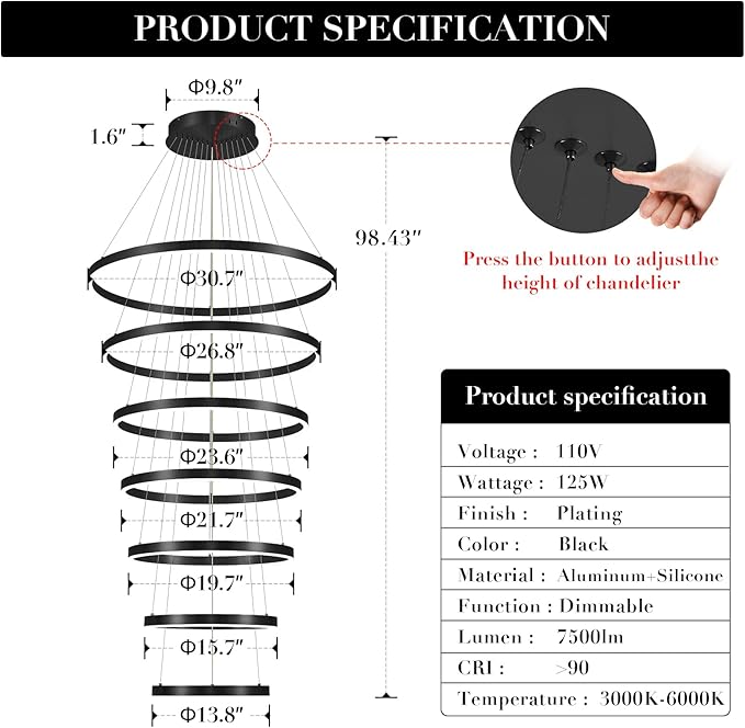 Modern LED Chandelier 7-Ring Chandeliers High Ceiling Black 31" Large Foyer Chandeliers Dimmable Luxury Contemporary Chandelier Light for Living Room Staircase Entryway, 3000K-6500K