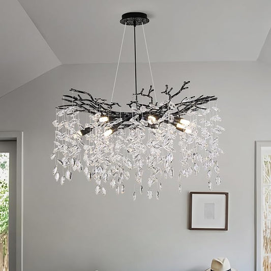 Crystal Tree Branches Chandeliers Luxury Round Hanging Pendant Light 10 Lights for Dining Room Bedroom Living Room Entryway 30.5" Black