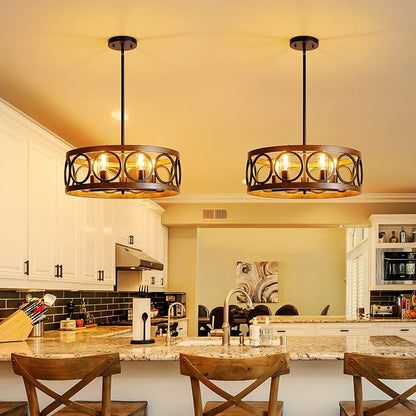 XINGQI Dining Room Chandelier 5-Light Black Modern Chandelier 21.7'' Farmhouse Drum Pendant Light Fixture for Living Room Kitchen Island Bedroom Office with Wood Grain Finish