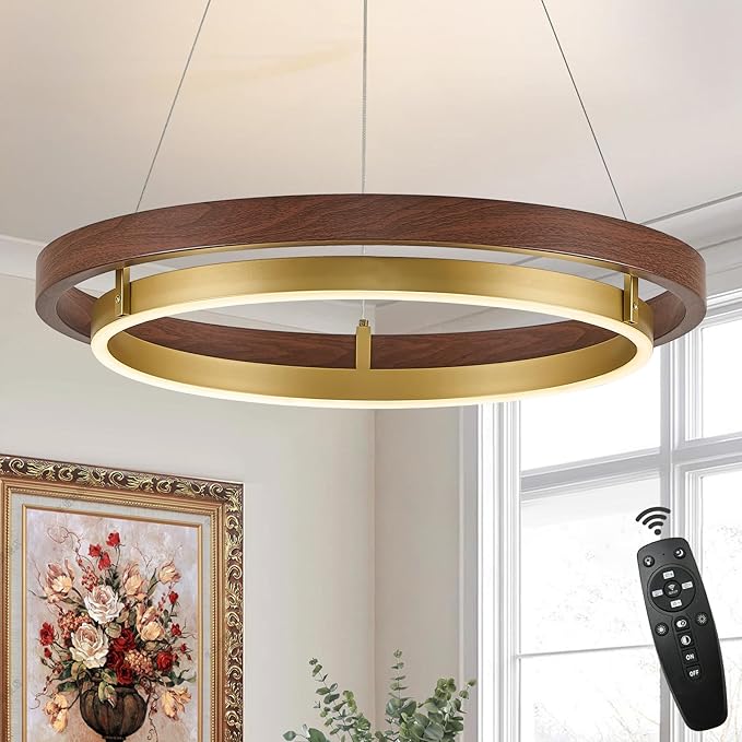 LED Ring Chandelier Dimmable Gold Chandelier Round Foyer Chandeliers Light Mahogany Wood Printed Circular Chandeliers for Dining Room Entry Bedroom Office Living Room, 24in