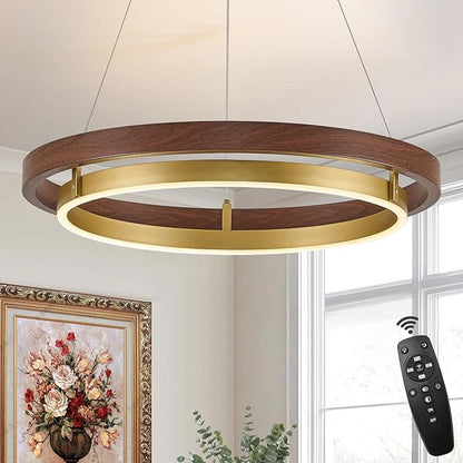 LED Ring Chandelier Dimmable Gold Chandelier Round Foyer Chandeliers Light Mahogany Wood Printed Circular Chandeliers for Dining Room Entry Bedroom Office Living Room, 24in