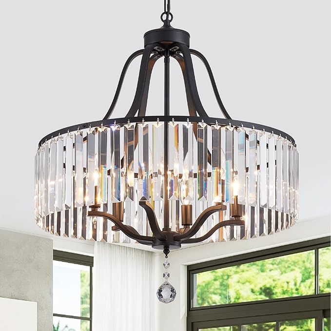 Black Crystal Chandelier 6-Light Modern Farmhouse Dining Room Light Fixtures Over Table Round Large Hanging Light for Living Room Kitchen Hallway Bedroom Foyer 21.7 Inch