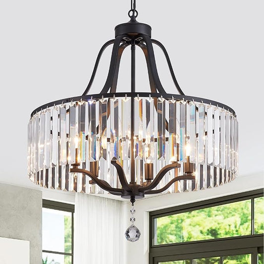 Black Crystal Chandelier 6-Light Modern Farmhouse Dining Room Light Fixtures Over Table Round Large Hanging Light for Living Room Kitchen Hallway Bedroom Foyer 21.7 Inch