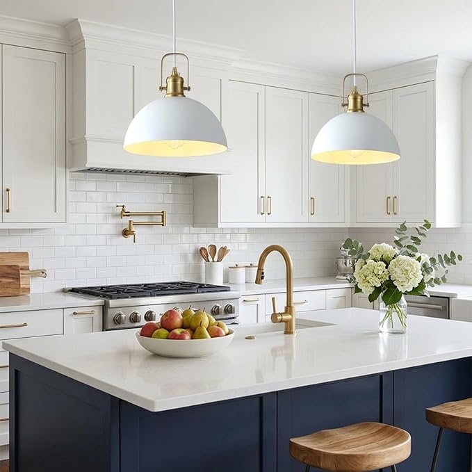 Matte White Pendant Lights Kitchen Island 3 Pack, Modern Farmhouse Hanging Light Fixtures with Gold Interior, Hardwired Metal Ceiling Lighting Over Sink Dining Room