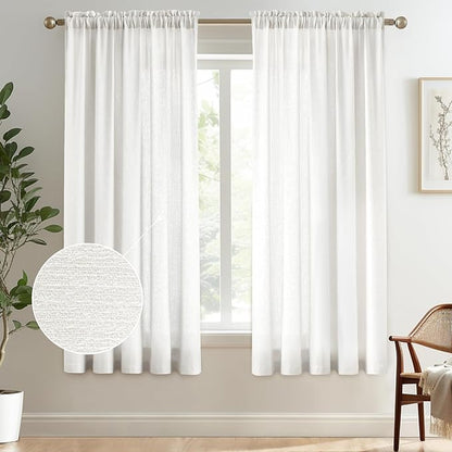 Melodieux Ivory Semi Sheer Curtains 63 Inch Length for Bedroom Living Room, Farmhouse Linen Texture Light Filtering Home Office Shiny Sheer Drapes Rod Pocket, 52" W x 63" L, 2 Panels