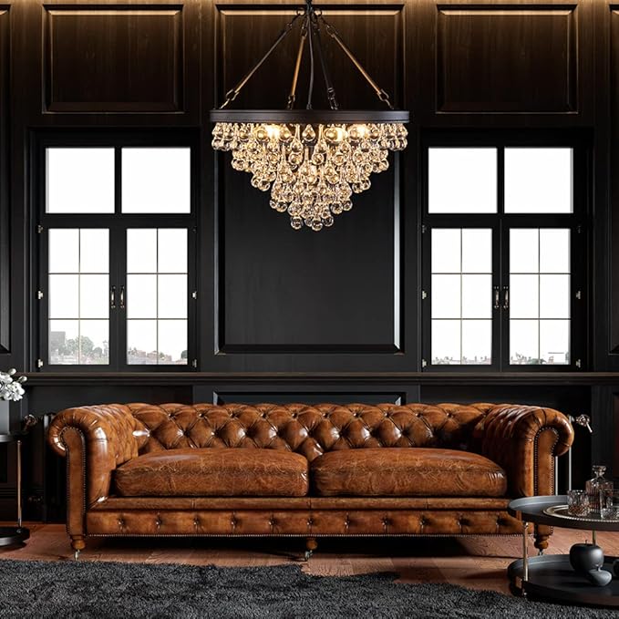 Wellmet Modern Crystal Chandeliers, 6 Lights Black Chandeliers for Dining Room, Farmhouse Ceiling Light Fixture for Foyer, Bedroom, Living Room, Entryway, Kitchen Island, 20”Dia