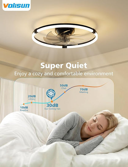 VOLISUN Low Profile Ceiling Fan with Lights and Remote, 19.7in Bladeless Ceiling Fans with Light Flush Mount, Dimmable Modern LED Fan Light, Black Fandelier Ceiling Fans for Bedroom,Living Room