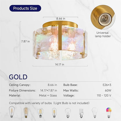 Brushed Gold Semi Flush Mount Ceiling Light Fixture, 14.1'' Modern Drum Glass Hallway Ceiling Light Fixtures, Mid Century Kitchen Lights for Entryway Foyer Dining Room Table Bathroom Bedroom Laundry