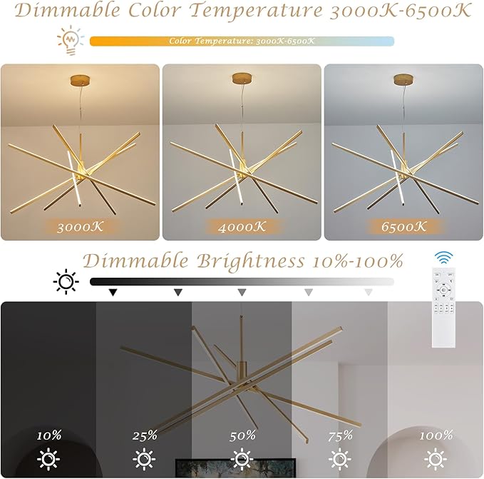Big Gold Chandelier for Foyer Living Room 48 Inches High Ceiling Chandeliers Modern Remote Control Sputnik Chandelier for Large Living Room Dining Room Foyer