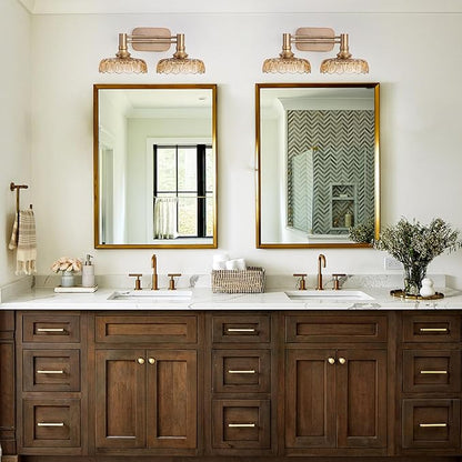 Vintage Bathroom Vanity Light Fixtures, 2-Light Brass Vanity Wall Light Over Mirror with Amber Glass Shade for Hallway Bedroom Living Room
