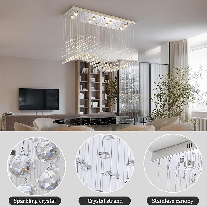 Modern Rectangle Crystal Raindrop Chandelier: 39.4" Chrome Dimmable 3 Color Led Chandeliers with Remote - Contemporary Wave Flush Mount Ceiling Light for Kitchen Island Dining Room Living Room Foyer