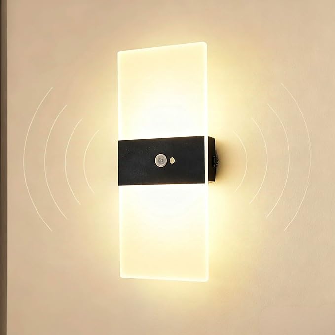 Motion Sensor Wall Light, Battery Operated Wall Sconce, Rectangle LED Wall Lights for Room Decor, Dimmable, Rechargeable, Small Night Lights for Hallway Stairway Porch Closet, 1-Pack
