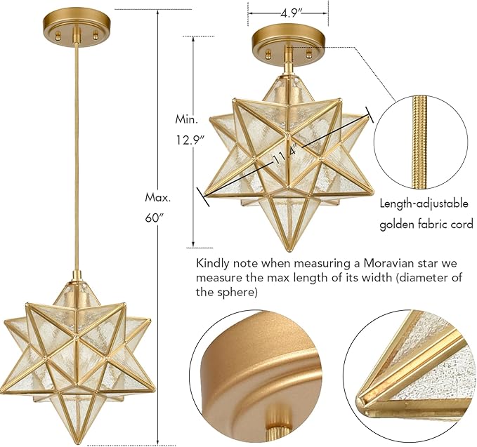 DAYCENT Brass Moravian Star Light in Seeded Glass Pendant Lights Fixture, 11-in