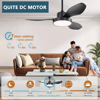 Sofucor 48 Inch Ceiling Fan with Lights Flush Mount Modern Outdoor Ceiling Fans with Remote,3 CCT Dimmable Quiet DC Motor & Timer for Patio/Bedroom/Farmhouse/Indoor (Black, 48 Inch/Remote Control)