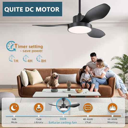 Sofucor 48 Inch Ceiling Fan with Lights Flush Mount Modern Outdoor Ceiling Fans with Remote,3 CCT Dimmable Quiet DC Motor & Timer for Patio/Bedroom/Farmhouse/Indoor (Black, 48 Inch/Remote Control)