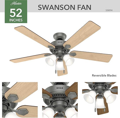 Hunter 52 inch Indoor Ceiling Fan with LED Lights - Ceiling Fan with Pull Chain, For Bedroom, Living Room, or Kitchen, Standard Mount, No Remote, 5 Blades - Swanson 50894, Matte Silver