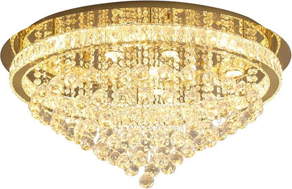 Dia 32" Modern Crystal Chandeliers for Dining Room,Gold Raindrop Chandelier Flush Mount Chandeliers for Living Room Bedrooms Dining Room Dimmable 2700k 4500k 6000k