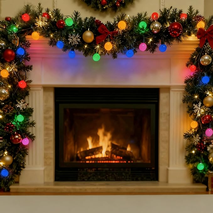 Colored Round Christmas Lights 13.5Ft Vintage Christmas Tree Light 50 LED Mini Multicolor Globe Lights, Plug in Fairy Xmas Light for Indoor Outdoor Home Party Fireplace Balcony Porch Patio Tree Decor