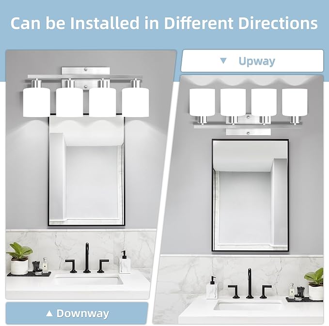 SILAMPDI 4-Light Bathroom Lighting Fixtures Over Mirror, Brushed Nickel Bathroom Vanity Light, Modern Rustproof Wall Sconce Lights, Milky White Frosted Glass Shades, E26 Base, Bulbs Not Included