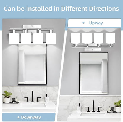 SILAMPDI 4-Light Bathroom Lighting Fixtures Over Mirror, Brushed Nickel Bathroom Vanity Light, Modern Rustproof Wall Sconce Lights, Milky White Frosted Glass Shades, E26 Base, Bulbs Not Included