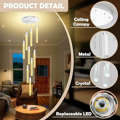 9-Light Silver High Ceiling Crystal Staircase Chandelier, Modern Spiral Raindrop Crystal Column Bubble Dimmable LED Cluster Hanging Chandeliers for Foyer Living Room Entrance