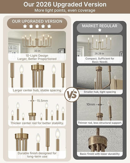 Yunnix 10 Light Champagne Bronze Chandelier, 33" Extra Large Modern Gold Chandelier - Brushed Honey Bronze Hanging Fixture for Dining Room, Kitchen Island, Living Room, Hall, Foyer