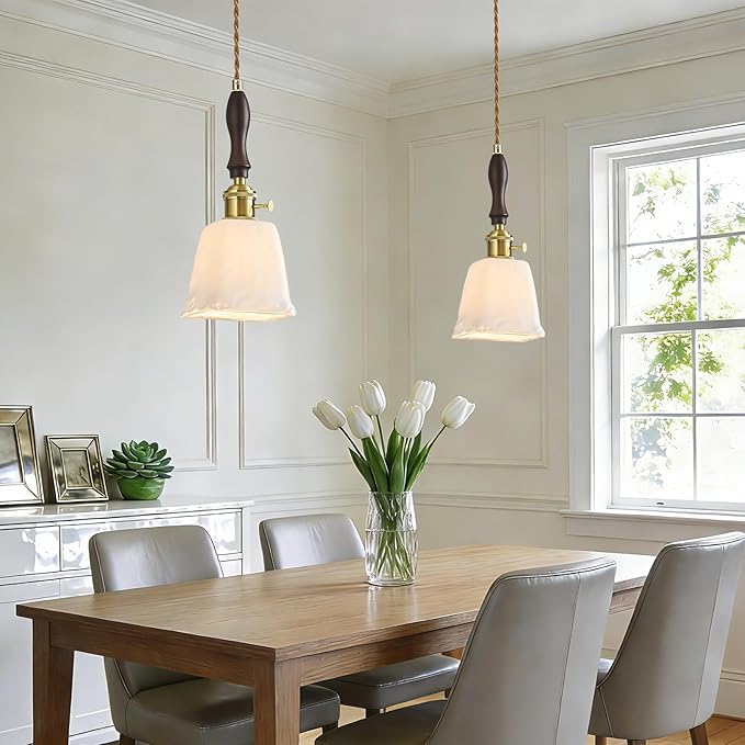 Milky White Glass Vintage Pendant Light Height Adjustable Handmade Glass Pendant Lights Kitchen Island Gold Hanging Light Fixture with Wood Handle for Bedroom Dining Room Hotel (1 Pack)