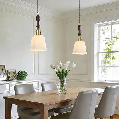 Mini Pendant Light Milky White Glass Pendant Lights Vintage Brass Pendant Lighting Kitchen Island Hanging Lamp with Wood Handle for Bedroom Dining Room (3 Pack)