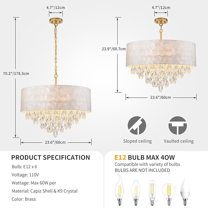 X-Large 6-Light Drum Capiz Shell K9 Crystal Chandelier, Coastal Style Pendant Light Fixture for Dining Room, Living Room, D24 * H24~70 Inch (Adjustable), Clear Crystal & Brass Finish