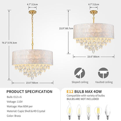 X-Large 6-Light Drum Capiz Shell K9 Crystal Chandelier, Coastal Style Pendant Light Fixture for Dining Room, Living Room, D24 * H24~70 Inch (Adjustable), Clear Crystal & Brass Finish