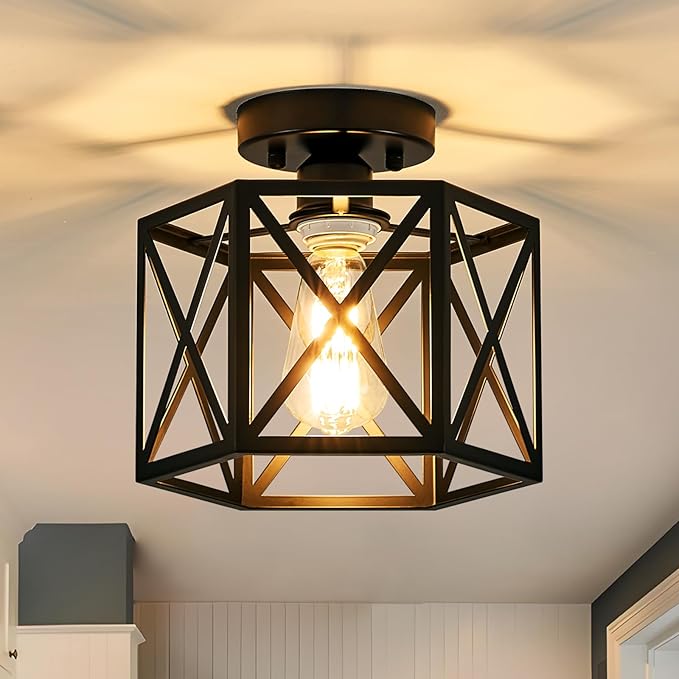 Modern Farmhouse Black Ceiling Light,Industrial Semi Flush Mount Ceiling Lighting Fixture,Hexagonal Hallway Lighting Fixtures for Kitchen,Bedroom,Foyer,Entryway,Laundry Room,1-Light, 9.5 Inch