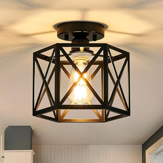 Modern Farmhouse Black Ceiling Light,Industrial Semi Flush Mount Ceiling Lighting Fixture,Hexagonal Hallway Lighting Fixtures for Kitchen,Bedroom,Foyer,Entryway,Laundry Room,1-Light, 9.5 Inch