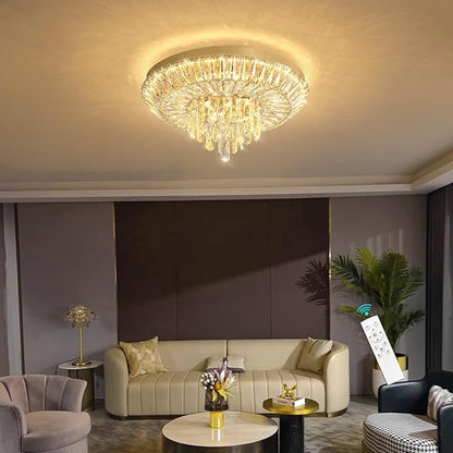 Crystal Chandelier 40W Modern Round Ceiling Light Fixture LED Raindrop Chandeliers Dimmable with Remote for Dining Room Living Room Entryway Hallway Bedroom Gold